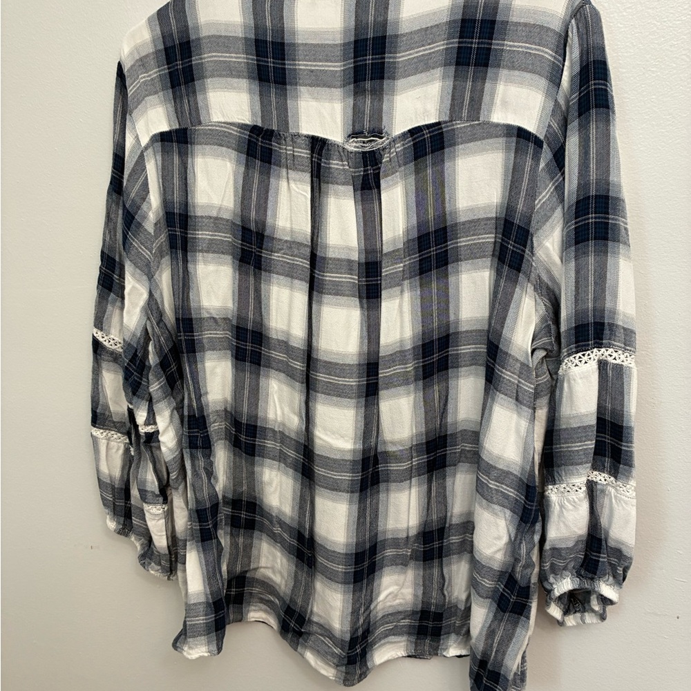 Cato White & Navy Plaid Peasant Blouse with Lace Trim - Picture 3 of 8